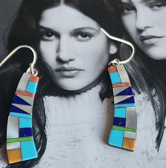 These are Sterling Silver Multistone Inlay Gibbsite Dangle Earrings - Picture 1 of 9